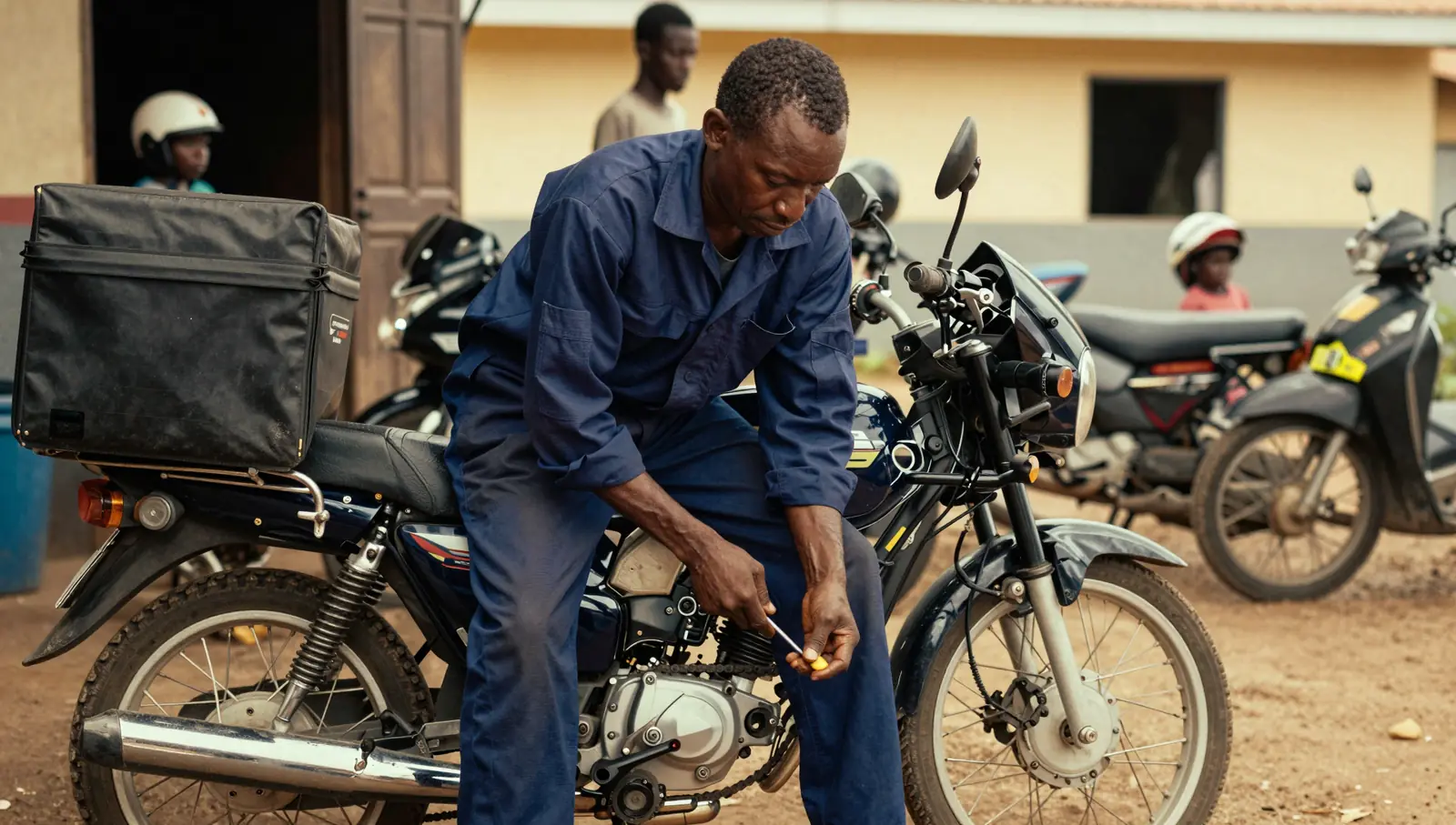 Un membre de l’équipe EJIM Express prépare une moto avant une tournée