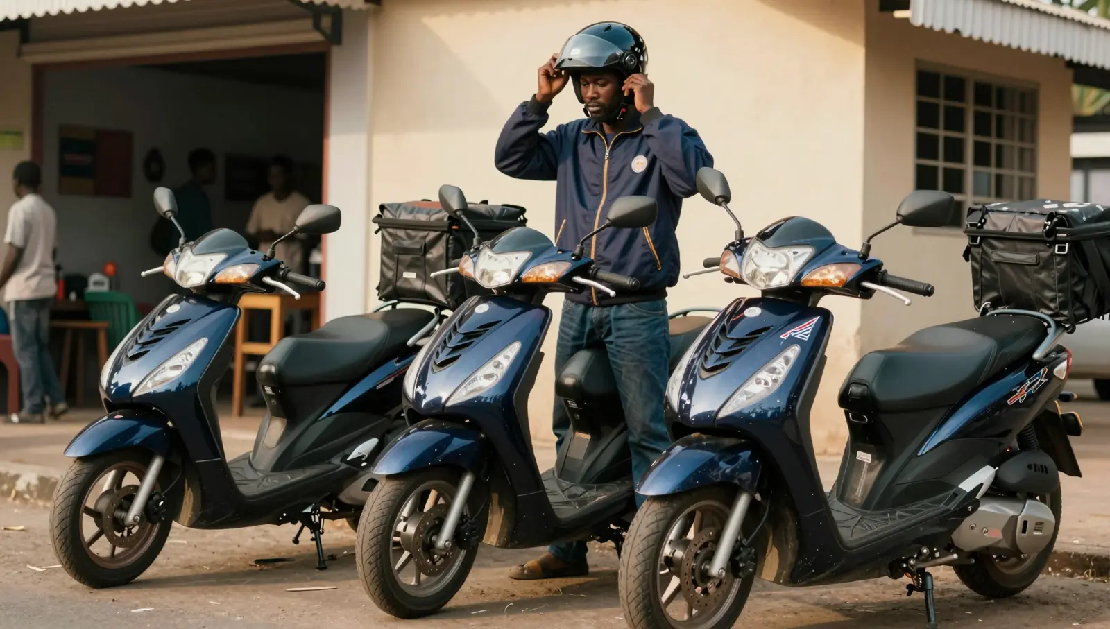 Motos de livraison EJIM Express alignées devant le dépôt