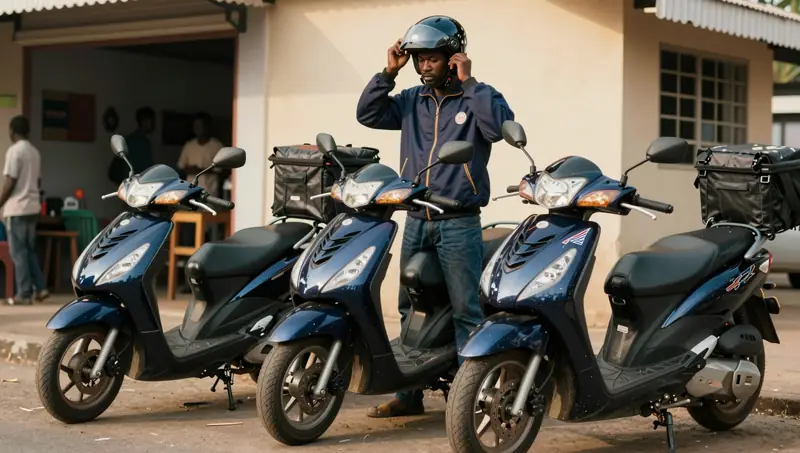 Livreur EJIM Express mettant son casque à côté des motos de livraison