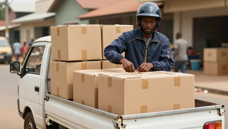 Un livreur charge des cartons à l’arrière d’une Suzuki Carry